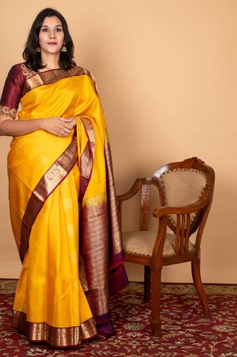 Yellow and maroon pure silk saree