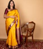 Yellow and maroon pure silk saree