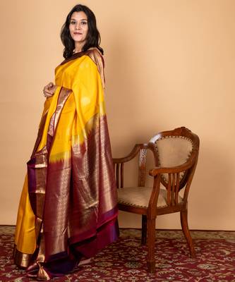 Yellow and maroon pure silk saree 3