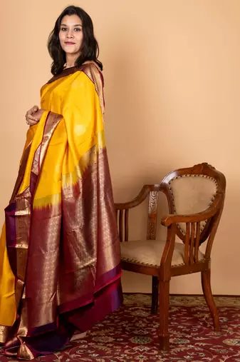 Yellow and maroon silk saree with blouse