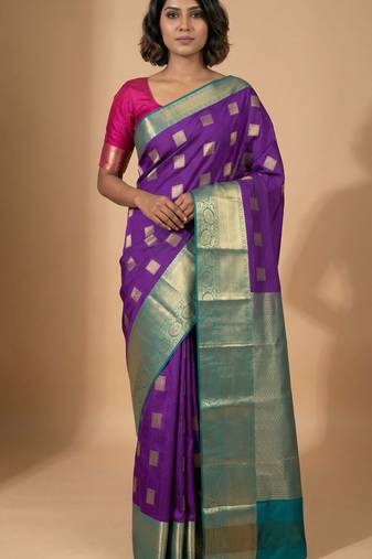 Violet and teal green kanchi semi silk saree