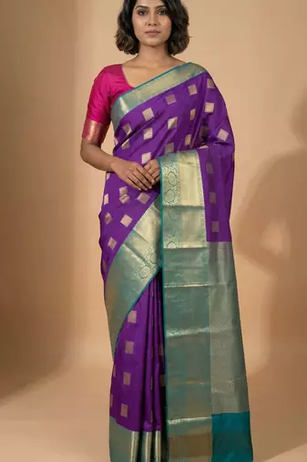 Violet and teal green kanchi semi silk saree