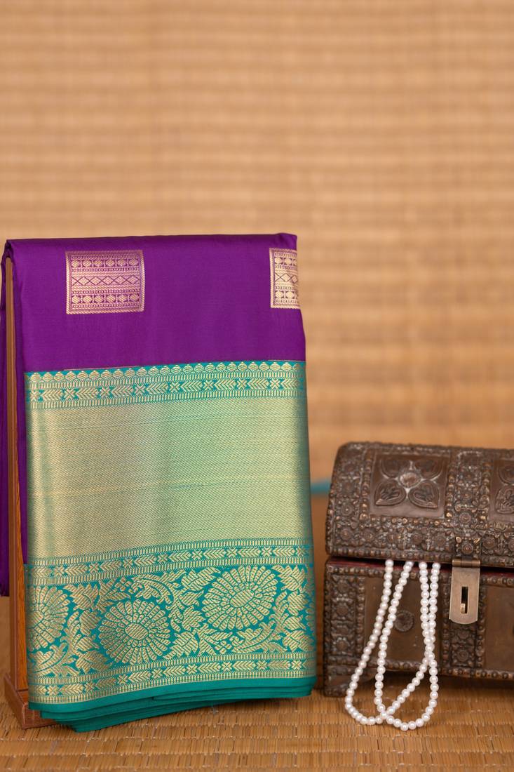 Violet and teal green kanchi semi silk saree