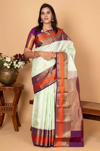 Pastel green and mulberry purple pure kanjivaram silk saree