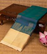 Peacock blue and off white pure touch silk saree