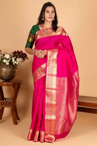 Rose brocade blouse pure kanchi silk saree