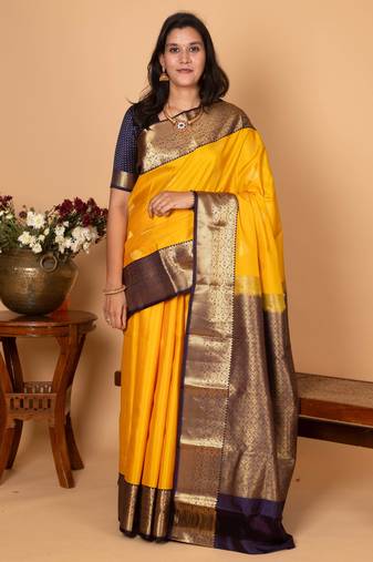 Royal yellow and midnight blue pure kanjivaram silk saree