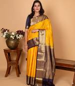 Royal yellow and midnight blue pure kanjivaram silk saree