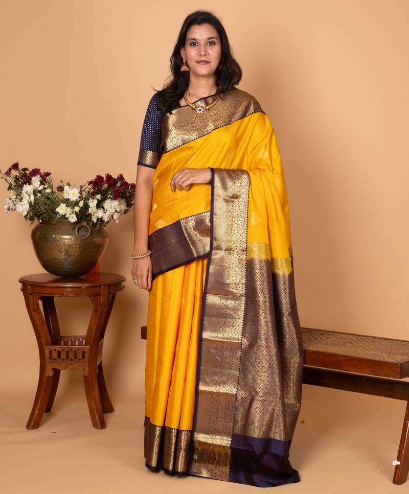 Royal yellow and midnight blue pure kanjivaram silk saree
