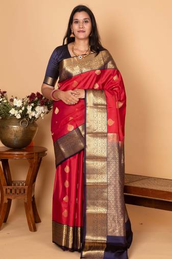 Apple red and midnight blue pure kanjivaram silk saree