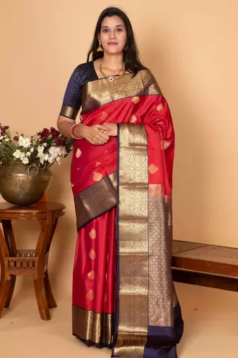Apple red and midnight blue pure kanjivaram silk saree