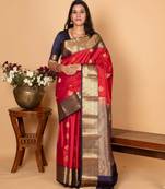 Apple red and midnight blue pure kanjivaram silk saree