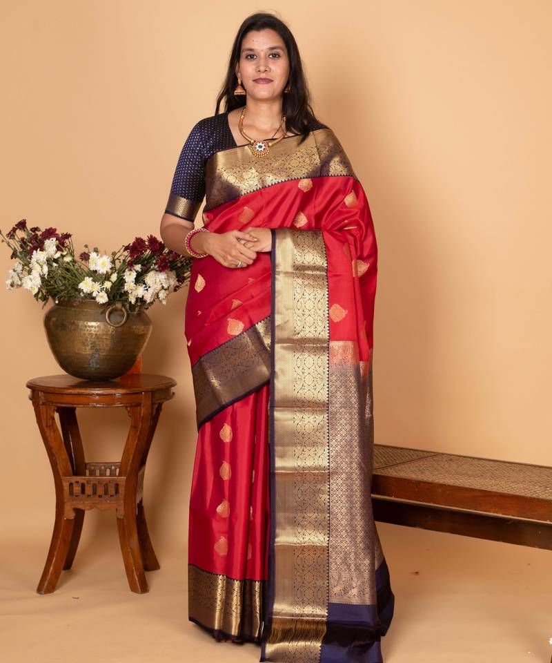 Apple red and midnight blue pure kanjivaram silk saree