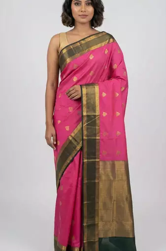 Rose pink and bottle green korvai semi silk saree