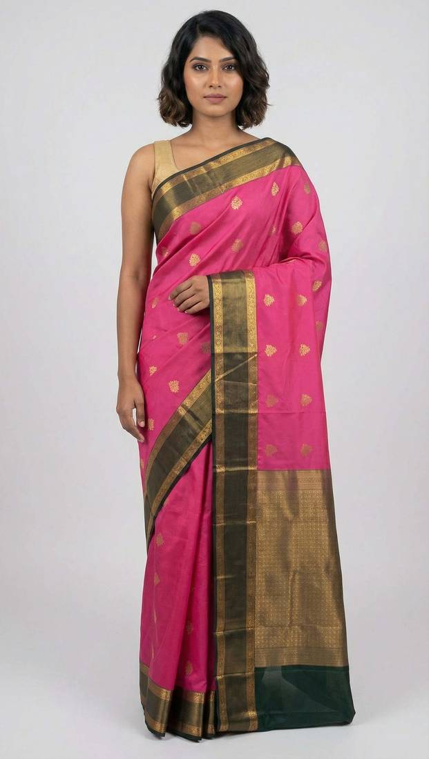 Rose pink and bottle green korvai semi silk saree