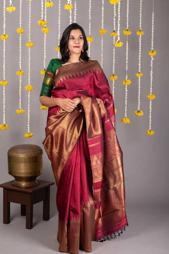 Maroon and gold saree with blouse