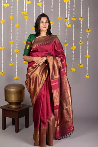 Maroon and gold saree with blouse