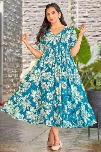 Women blue all-over floral print rayon fit & flare maxi dress
