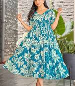 Women blue all-over floral print rayon fit & flare maxi dress