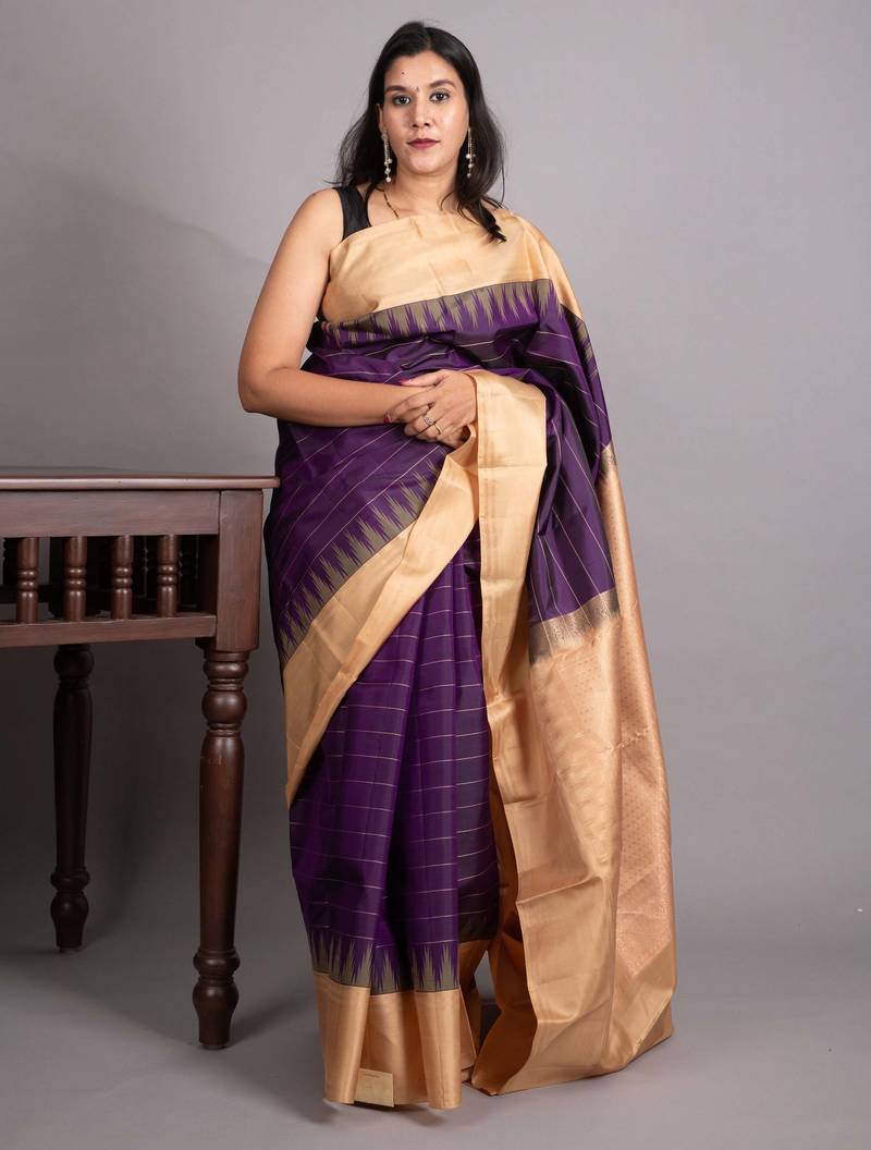 Plum purple and latte pure kanjivaram silk saree