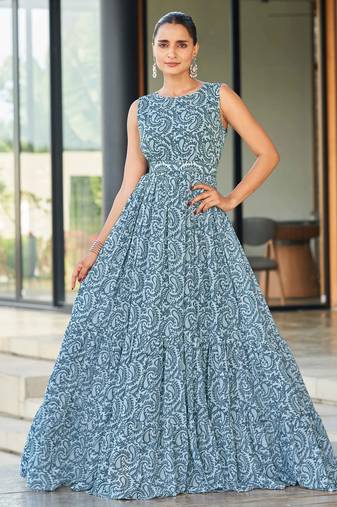 Women grey paisley printed sleeveless round neck maxi dress