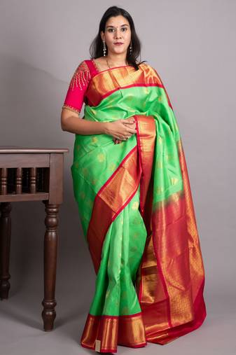 Parrot green and raspberry pure kanjivaram silk saree