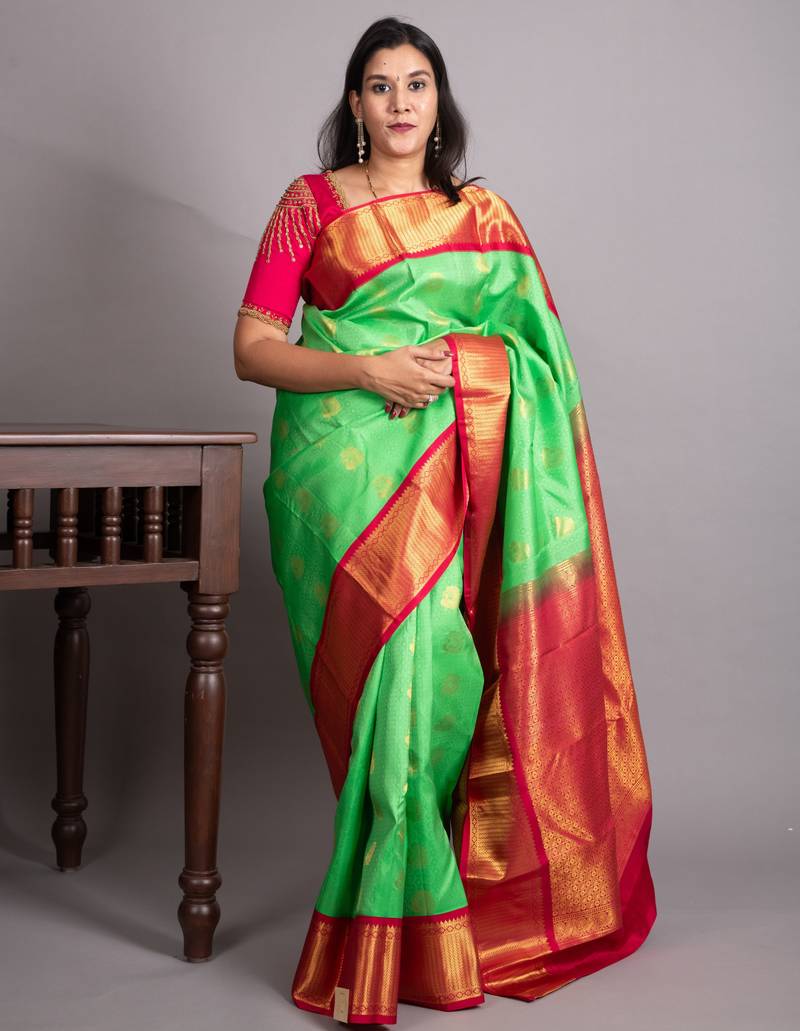 Parrot green and raspberry pure kanjivaram silk saree