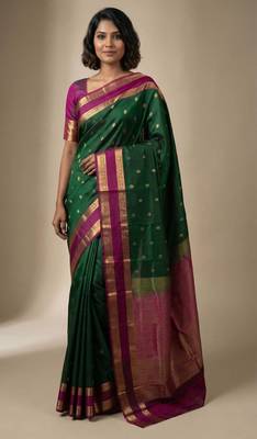 Pine green and orchid purple retta patta border pure touch silk saree 1
