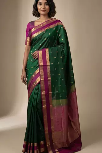 Pine green and orchid purple retta patta border pure touch silk saree