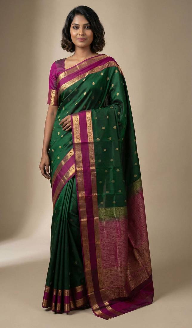 Pine green and orchid purple retta patta border pure touch silk saree