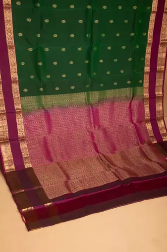 Pine green and orchid purple retta patta border pure touch silk saree