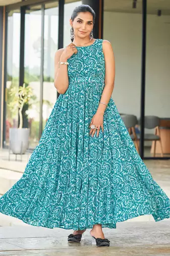 Women turquoise blue paisley printed sleeveless round neck maxi dress