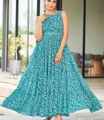 Women turquoise blue paisley printed sleeveless round neck maxi dress