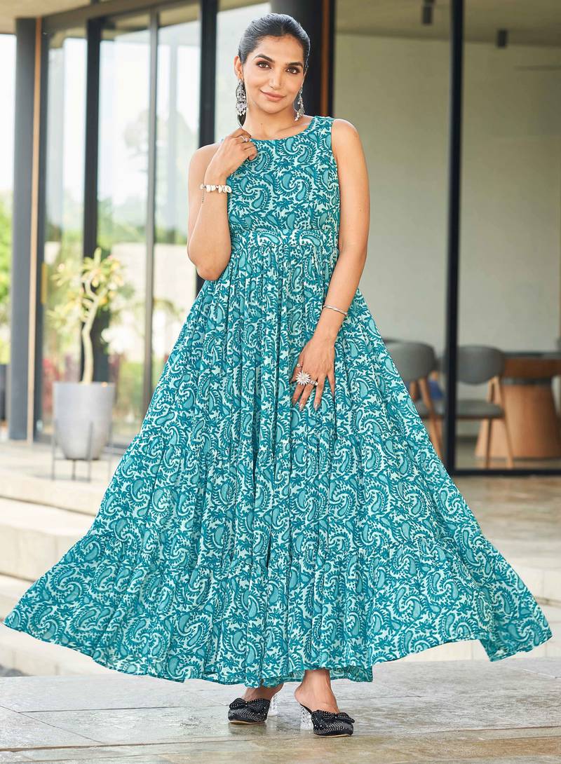 Women turquoise blue paisley printed sleeveless round neck maxi dress