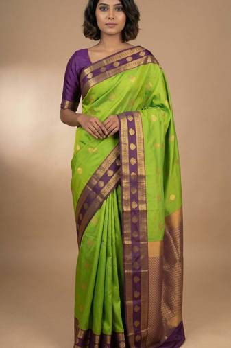 Lawn green and purple semi silk saree