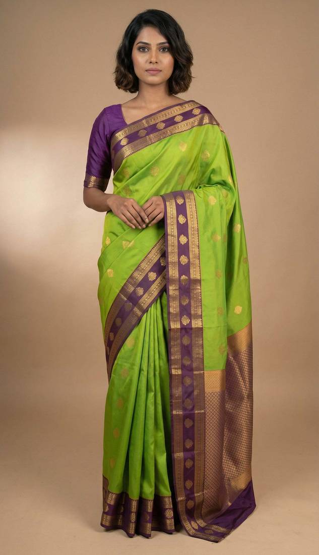 Lawn green and purple semi silk saree
