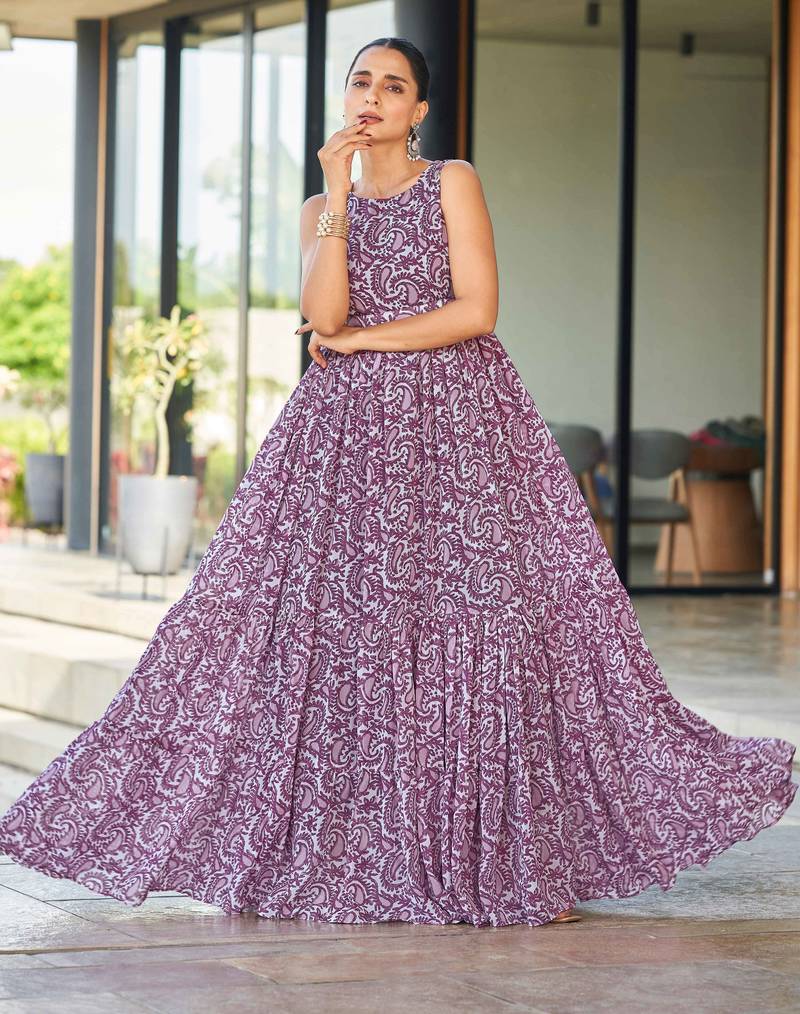 Women wine paisley printed sleeveless round neck maxi dress