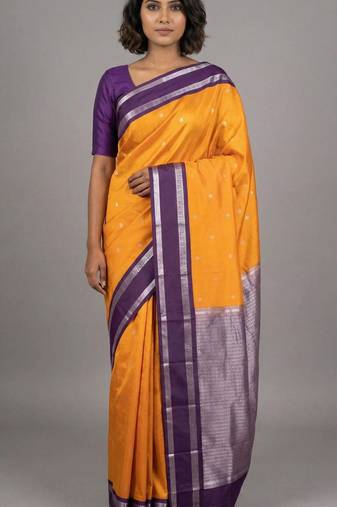 Golden marguerite yellow and purple semi silk saree