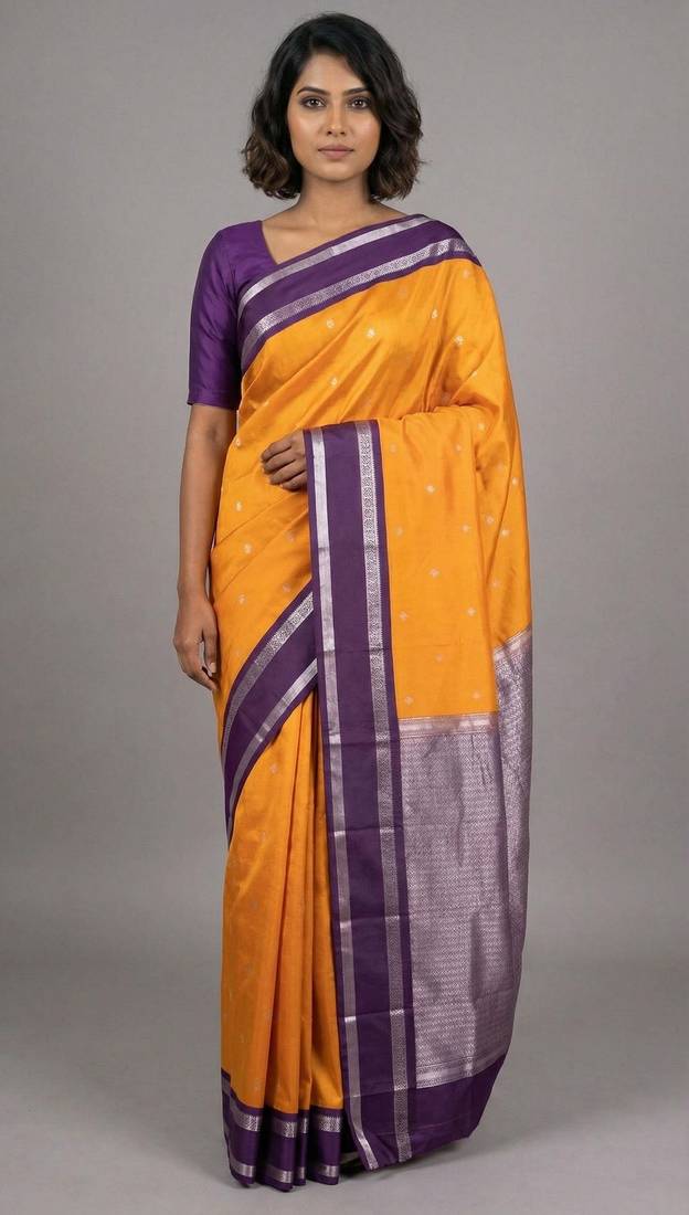 Golden marguerite yellow and purple semi silk saree