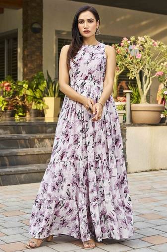 Women purple floral printed sleeveless round neck maxi dress