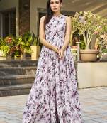 Women purple floral printed sleeveless round neck maxi dress