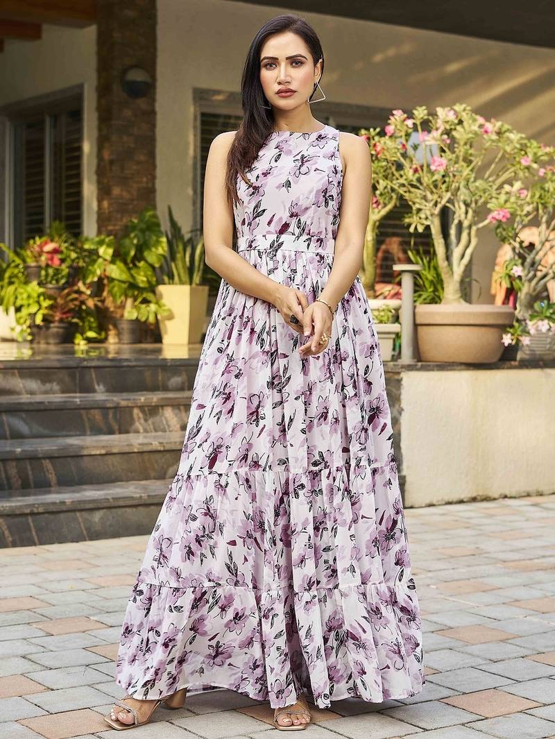 Women purple floral printed sleeveless round neck maxi dress