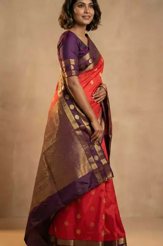Bright orange and plum purple  retta patta border semi silk saree
