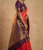 Bright orange and plum purple  retta patta border semi silk saree