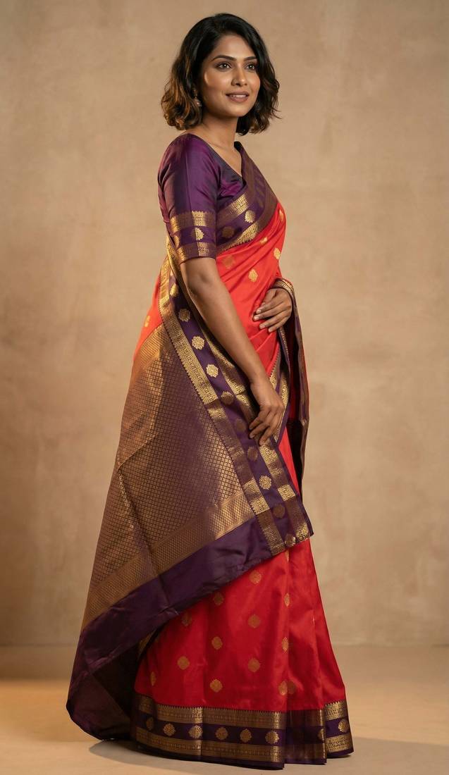 Bright orange and plum purple  retta patta border semi silk saree