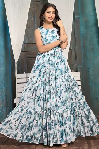 Women tuquaise blue floral printed sleeveless round neck maxi dress