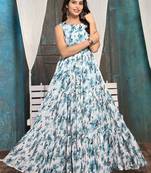 Women tuquaise blue floral printed sleeveless round neck maxi dress