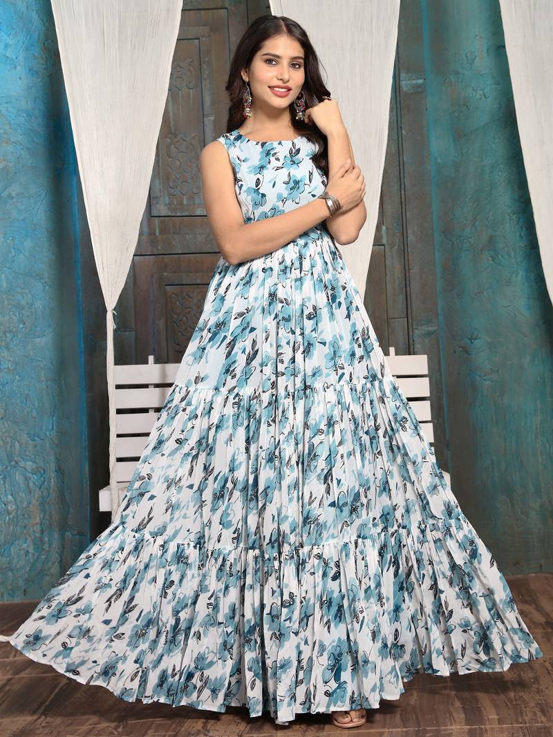 Women tuquaise blue floral printed sleeveless round neck maxi dress