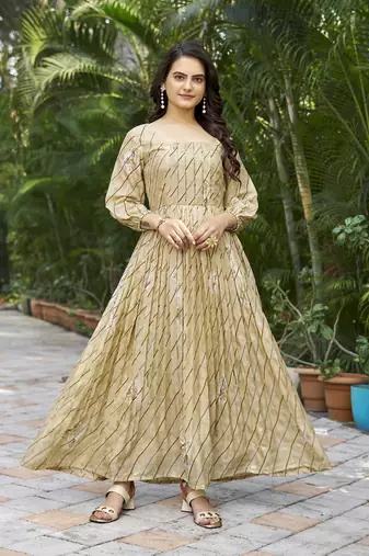 Women beige printed flared anarkali dress