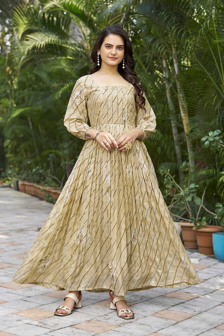 Women beige printed flared anarkali dress